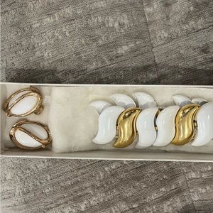 Vintage Napier White and Gold Clip-On Earrings with Enamel Bracelet